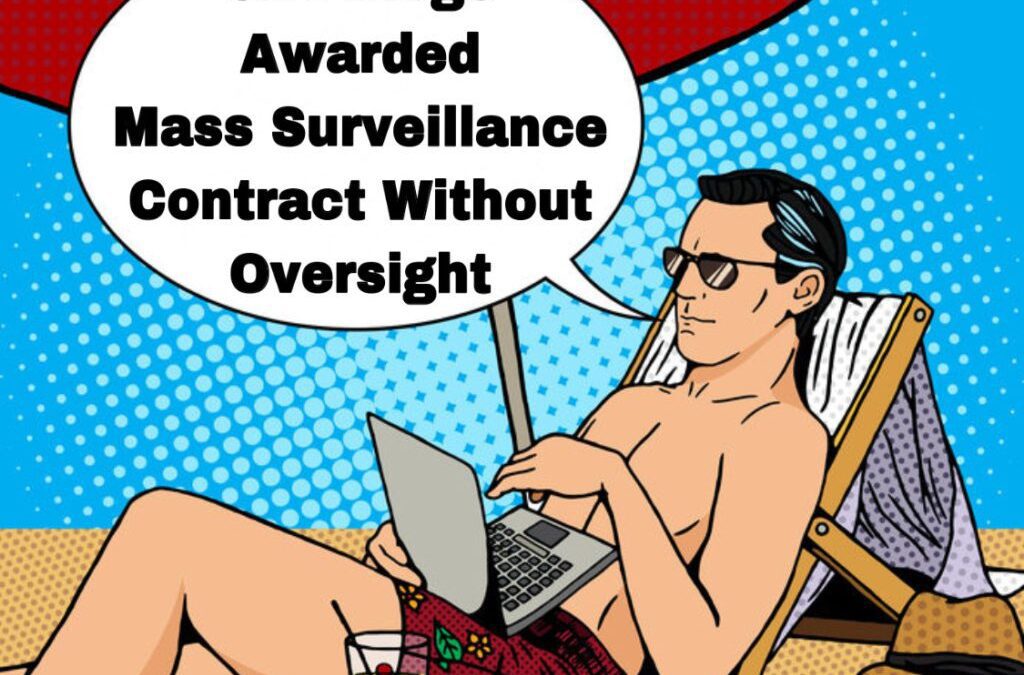 Man on beach with laptop, speech bubble.